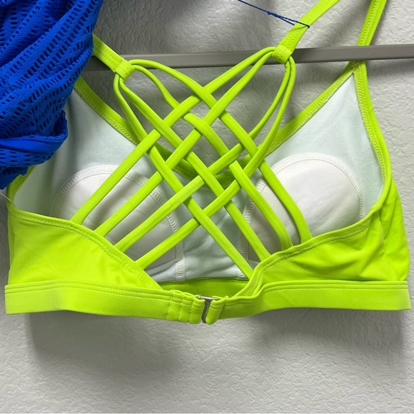 NWT GO by Gossip Sporty Splice Tankini Small Swimsuit Top Sports Bra Blue Lime - Picture 9 of 16